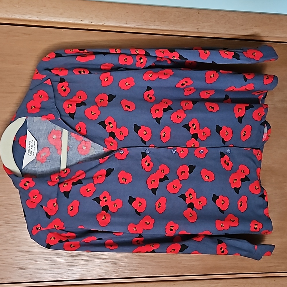 Compania Fantastica Blue & Red Poppy Print Buttondown Shirt sz xs